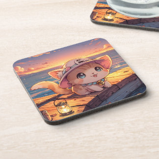 Süßes Chibi-Kätzchen beim Hafen-Sonnenuntergang –  Getränkeuntersetzer