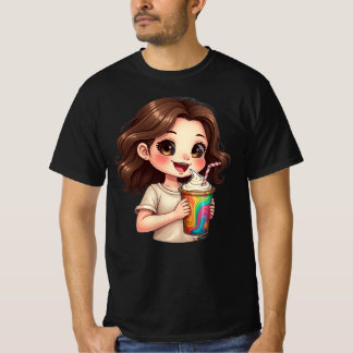 Süßes Chibi-Mädchen mit Regenbogen-Swirls-Getränk" T-Shirt