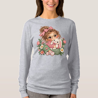 Süßes Chibi-Mädchen Stickerei-Stil Floral Cozy Her T-Shirt