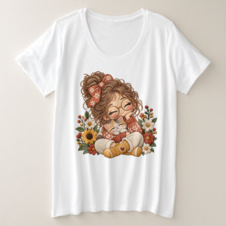 Süßes Chibi-Mädchen und Kätzchen im floralen Stick Große Größe T-Shirt