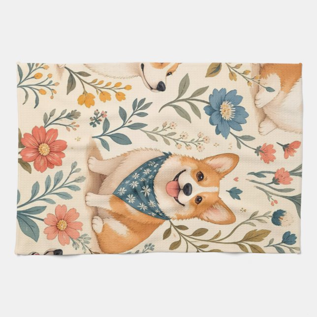 Süßes Corgi-Blumengarten-Muster Geschirrtuch (Horizontal)