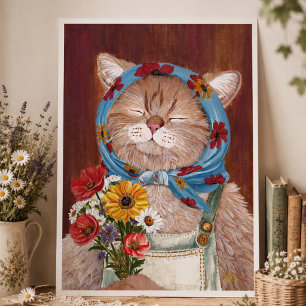 Süßes Cottagecore-Kätzchen mit Blumen-Kinderzimmer Poster