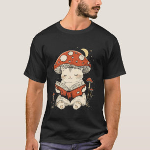 Süßes Cottagecore Pilz Katze liest ein Buch T-Shirt