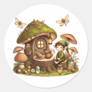 „Süßes Cottagecore-Pilzhaus & Waldkobold Runder Aufkleber
