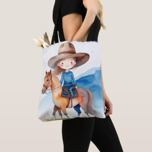 Süßes Cowgirl-Mädchen reitet auf einem Pferd, Aqua