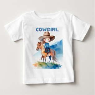 Süßes Cowgirl-Mädchen reitet auf einem Pferd, Aqua Baby T-shirt