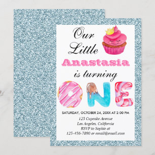 Süßes Cupcake Hellblauer Glitter 1. Geburtstag Ein Einladung