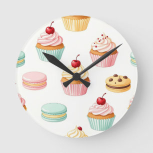 Süßes Cupcake-Macarons-Muster Runde Wanduhr