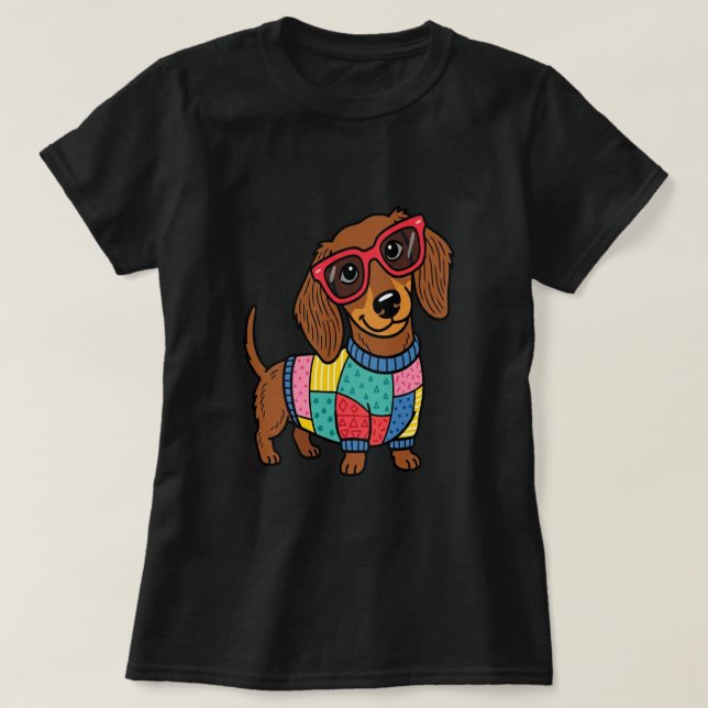 Süßes Dachshund-Hund-Shirt mit Sonnenbrille T-Shirt (Design vorne)