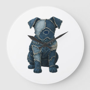 Süßes Denim-Patchwork-Kunst-Hund-T-Shirt Große Wanduhr