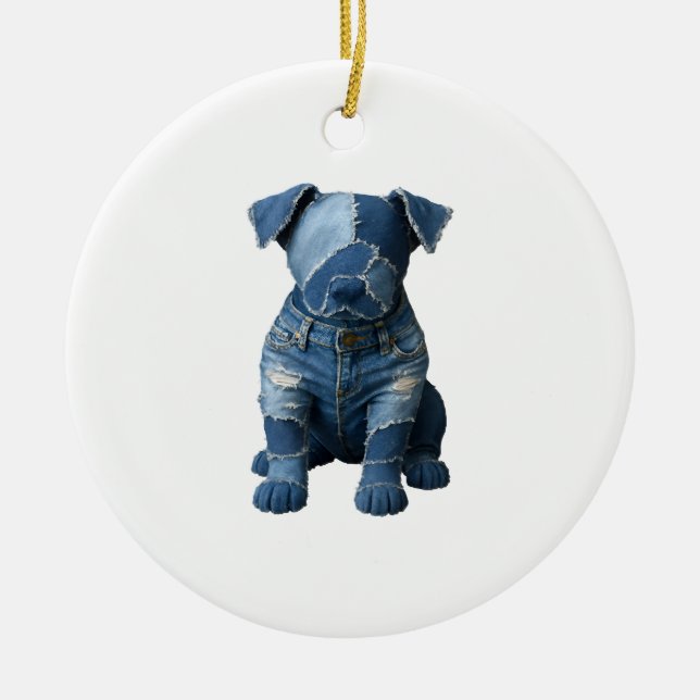 Süßes Denim-Patchwork-Kunst-Hund-T-Shirt Keramik Ornament (Vorne)
