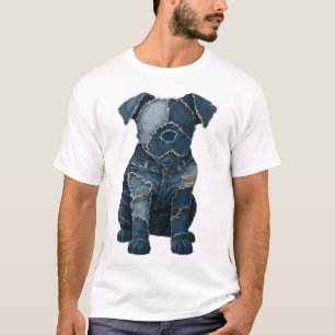 Süßes Denim-Patchwork-Kunst-Hund-T-Shirt T-Shirt