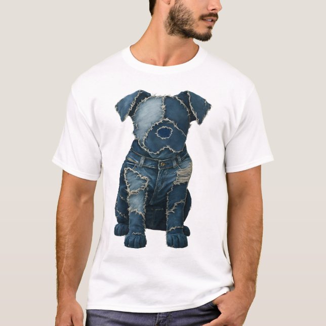 Süßes Denim-Patchwork-Kunst-Hund-T-Shirt T-Shirt (Vorderseite)
