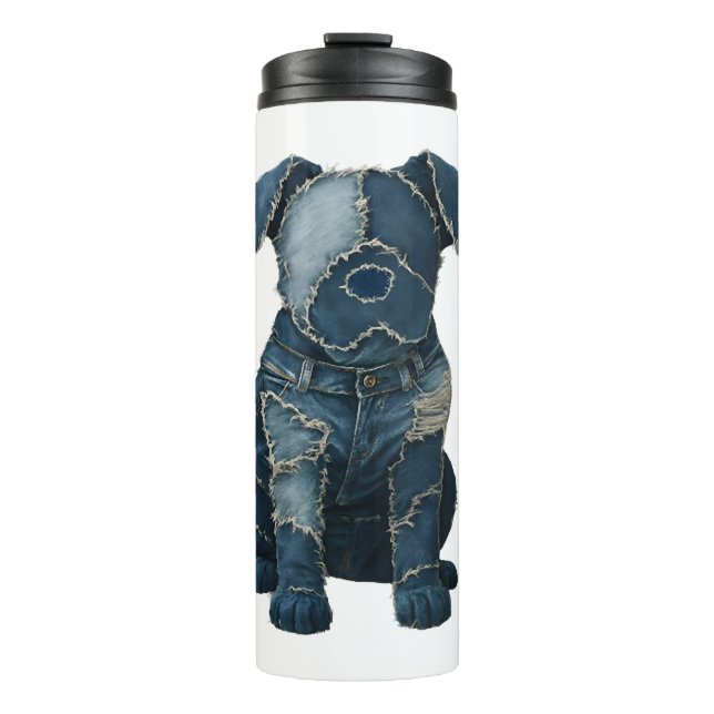 Süßes Denim-Patchwork-Kunst-Hund-T-Shirt Thermosbecher (Vorderseite)