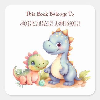 Süßes Dinosaurier-Whimsy-Kinder-Exlibris Quadratischer Aufkleber