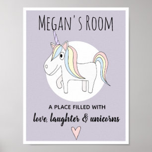 Süßes Doodle-Einhorn-Namens-Nursery für Mädchen Poster