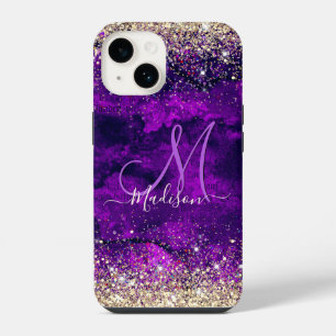 Süßes dunkelviolettes goldenes falsches Glitter-Mo iPhone 14 Hülle