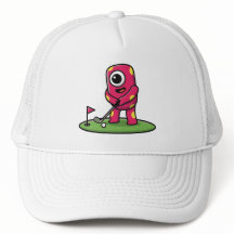 Süßes einäugiges rosa Monster spielt Golf Cartoon