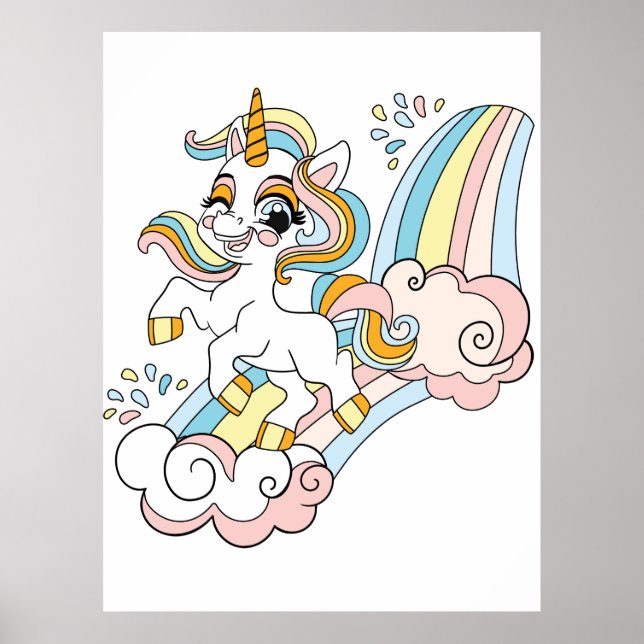 Süßes Einhorn auf einem Regenbogen Poster (Vorne)