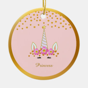 Süßes Einhorn, Blumen & Gold Konfetti Keramik Ornament
