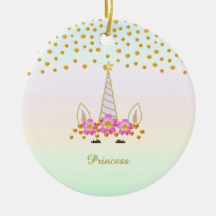 Süßes Einhorn, Blumen & goldenes Konfetti Keramik Ornament