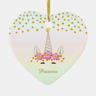 Süßes Einhorn, Blumen & goldenes Konfetti Keramik Ornament