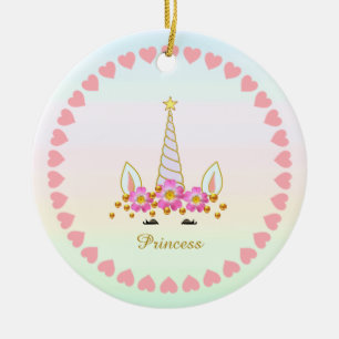 Süßes Einhorn, Blumen, Herzen & Gold Konfetti Keramik Ornament