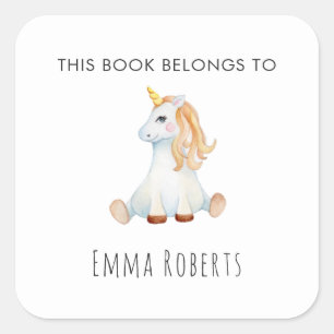 Süßes Einhorn 'Dieses Buch gehört' Kinder-Exlibris Quadratischer Aufkleber