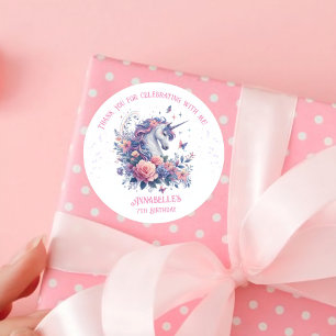 Süßes Einhorn Floral Rosa Lila Mädchen Geburtstag Runder Aufkleber