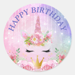 Süßes Einhorn-Gesicht & rosa Blumen Geburtstag Runder Aufkleber