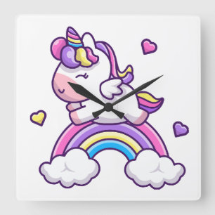 Süßes Einhorn mit Regenbogen Cartoon Quadratische Wanduhr