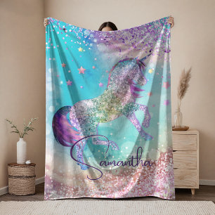 Süßes Einhorn rosa Glitter Regenbogen aqua Monogra Fleecedecke