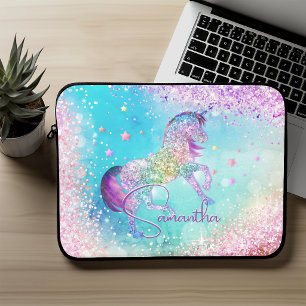 Süßes Einhorn rosa Glitter Regenbogen aqua Monogra Laptopschutzhülle