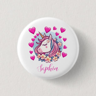 Süßes Einhorn, rosa Herzen & Blumen, benutzerdefin Button