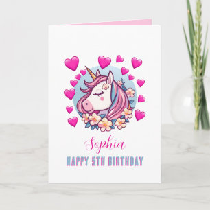 Süßes Einhorn, rosa Herzen, Name, Geburtstag jedes Karte