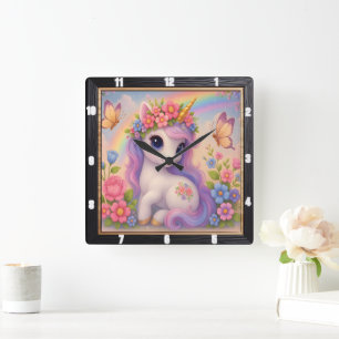 Süßes Einhorn Schmetterling Regenbogen Quadratische Wanduhr