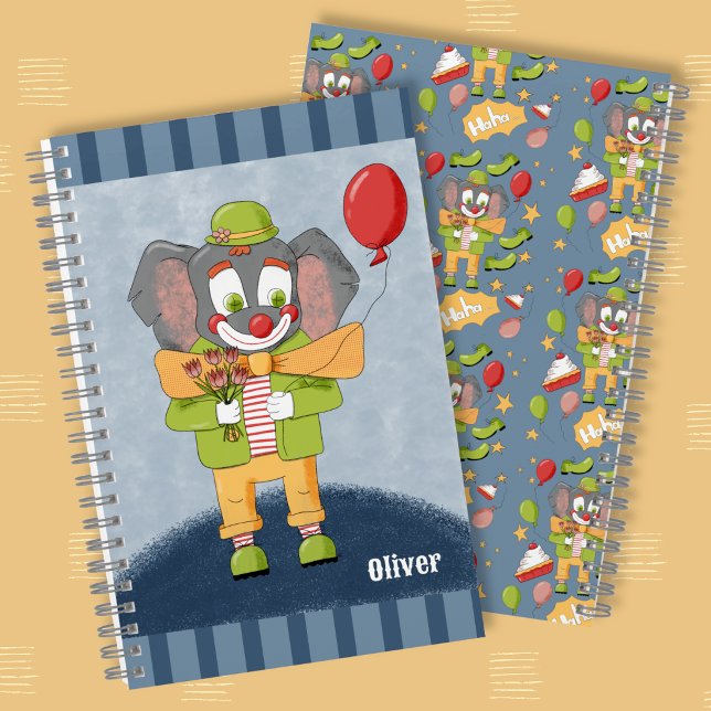 Süßes Elefant-Clown-Kind-Spiralnotizbuch mit Namen Notizbuch (Adorable elephant clown blue kid spiral notebook with name .)
