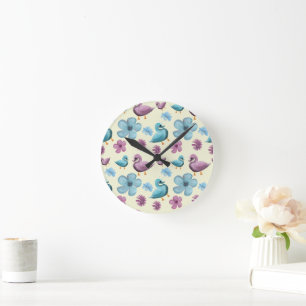Süßes-Enten-Blumenmuster-Ästhetik-Pastell-Kawaii-B Runde Wanduhr