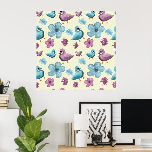 Süßes Enten-Blumenmuster Ästhetischer Pastell-Kawa Poster