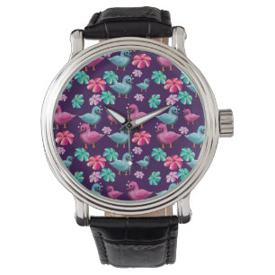 Süßes Enten-Blumenmuster Kawaii Rosa Blaue Enten Armbanduhr