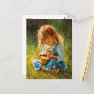 Süßes entzückendes kleines Mädchen und ihr Kätzche Postkarte
