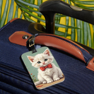 Süßes, entzückendes weißes Katze mit Fliege Gepäckanhänger