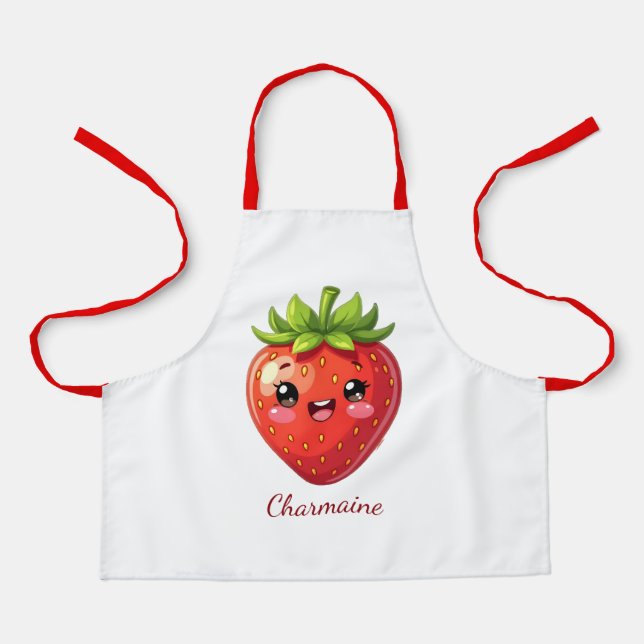 Süßes Erdbeer-Monogramm Kawaii Schürze (Vorderseite)