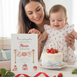 Süßes Erdbeeren-Erstgeburtstags-Outfit Wäscheleine Einladung