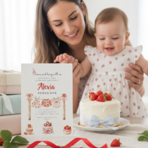 Süßes Erdbeeren-Erstgeburtstags-Outfit Wäscheleine Einladung
