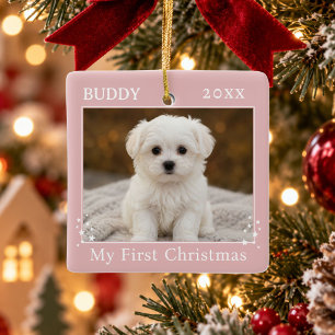 Süßes erstes Weihnachtsfoto von Hund Keramikornament