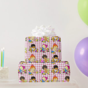 Süßes, farbenfrohes Retro-Baby-Muster auf rosa Kar Geschenkpapier