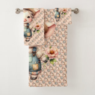 Süßes Farmcore-Schwein in Latzhose mit Blumen Badhandtuch Set