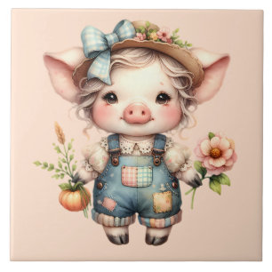 Süßes Farmcore-Schwein in Overall mit Blumen Fliese