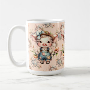 Süßes Farmcore-Schwein in Overall mit Blumen Kaffeetasse